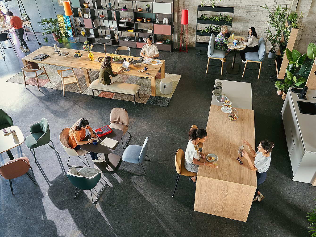 Open kantoorruimte met mensen die werken en praten aan houten tafels en stoelen, omringd door planten en planken
