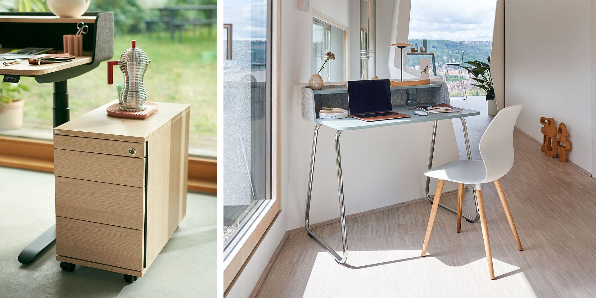 Moderner Homeoffice-Arbeitsplatz mit weißem Stuhl, schlankem Schreibtisch und Laptop vor großem Fenster mit Stadtblick