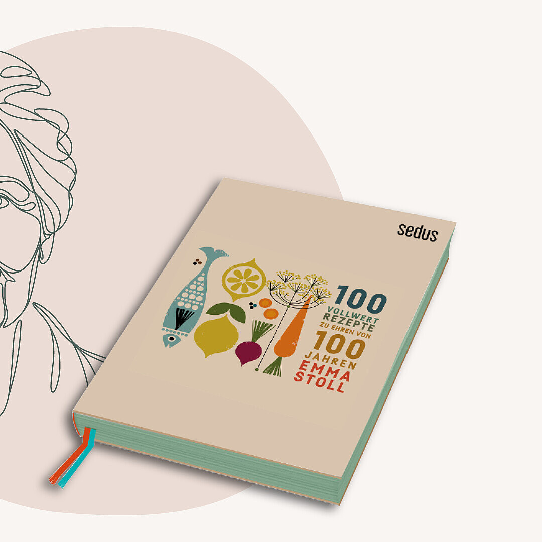 Buch mit dem Titel '100 Rezepte von Emma Stoll' neben einer stilisierten Linienzeichnung einer Person mit lockigem Haar.