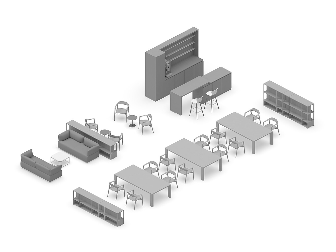 agencement en 3D d’un Work Café Bibliothèque de bureau moderne comprenant plusieurs espaces avec des chaises et des tables, des canapés, des étagères et un comptoir avec des tabourets de bar, conçue pour le travail calme et concentré et la détente.