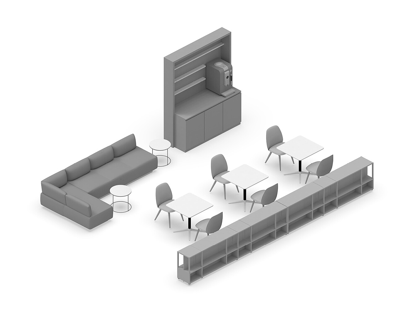 Aménagement moderne d’un Work Café Bibliothèque  avec un canapé modulable, de petites tables rondes, quatre chaises autour de deux tables carrées, une étagère haute avec une machine à café et une longue bibliothèque basse, conçu pour un travail calme et concentré et pour se retirer. 