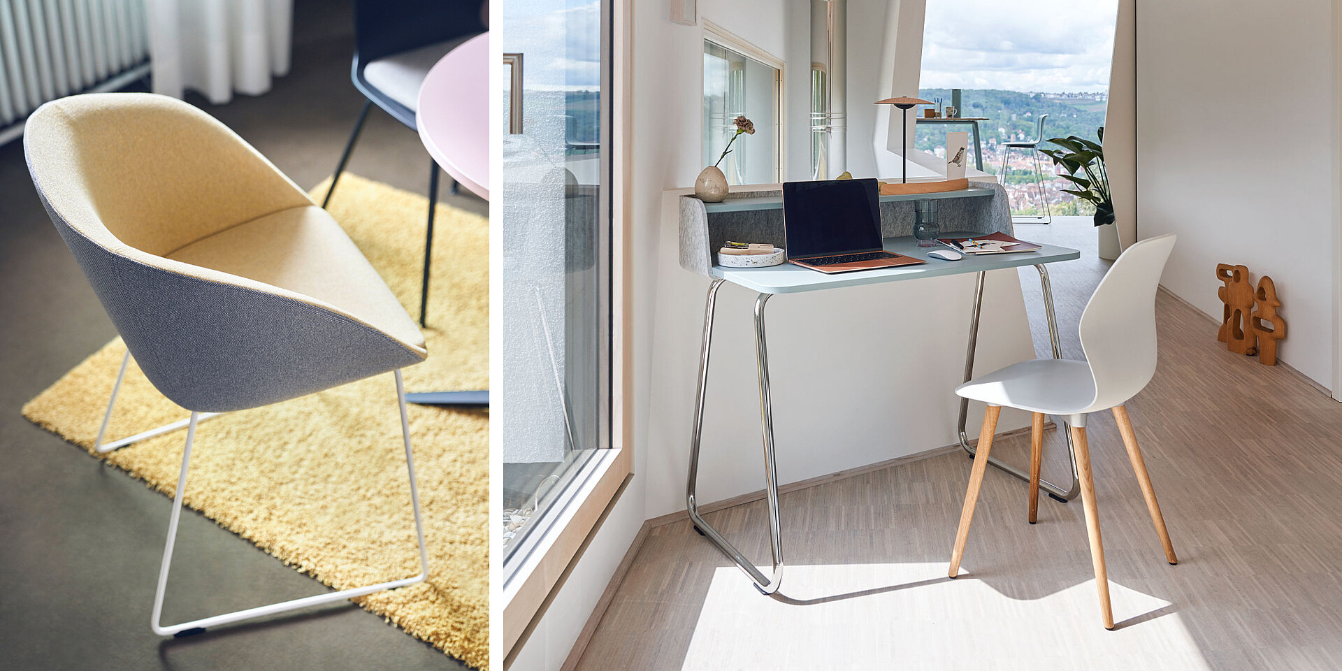 Moderner Arbeitsplatz mit kleinem Schreibtisch, Laptop und zwei Stühlen, einer gepolstert und einer aus Holz und Kunststoff, vor großen Fenstern mit Stadtblick