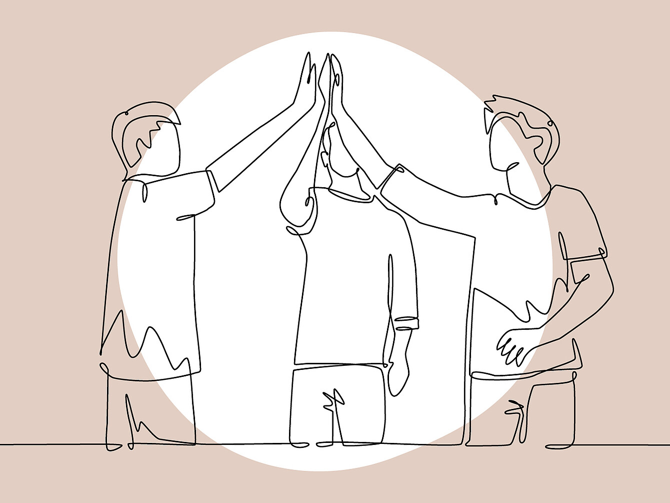 Dessin au trait continu représentant trois personnes debout se donnant une tape amicale, avec un fond circulaire clair derrière elles.