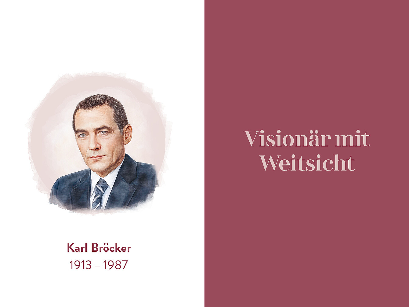 Porträt von Karl Bröcker, 1913-1987, mit verschwommenem Gesicht. Darunter steht 'Karl Bröcker'. Rechts der Text 'Visionär mit Weitsicht'.