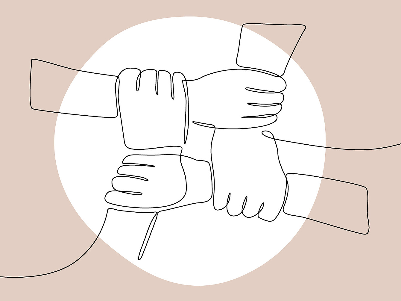 Dessin au trait représentant quatre mains se tenant par les poignets, formant un carré symbolisant l’unité et la coopération.