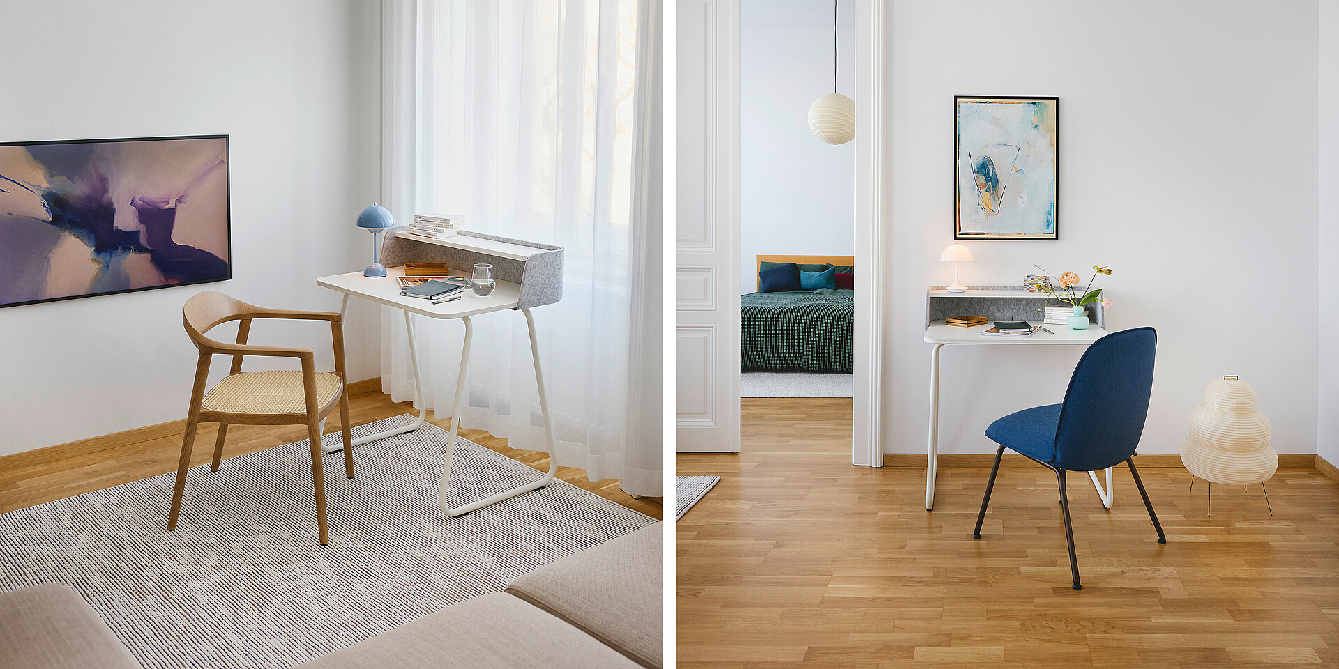 Helles Homeoffice mit weißem Schreibtisch, blauem Stuhl, Holzboden und moderner Kunst an der Wand
