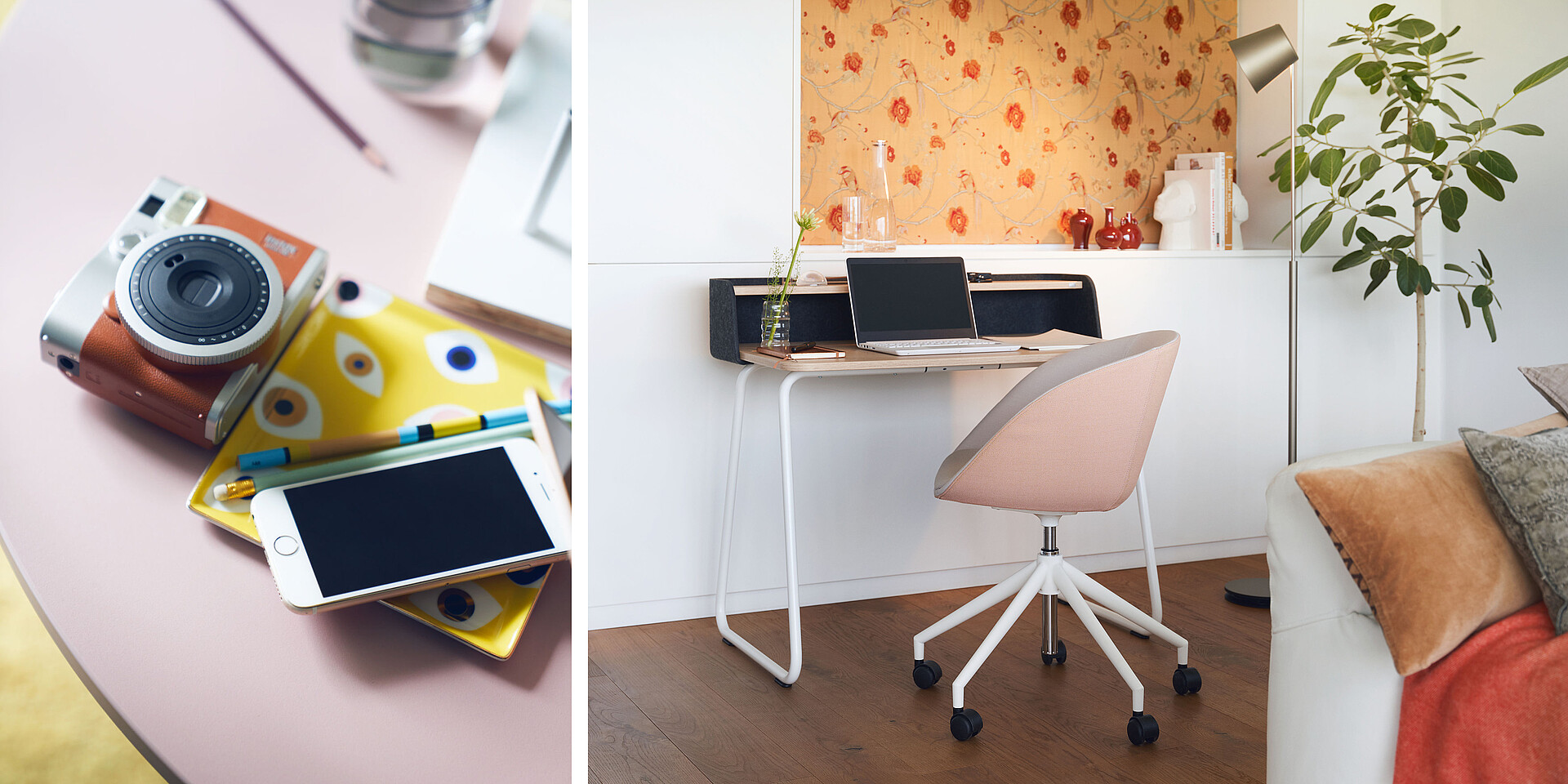 Moderner Homeoffice-Arbeitsplatz mit weißem Schreibtisch, Laptop, rosa drehbarem Bürostuhl, Pflanzen und floral gemusterter Wand