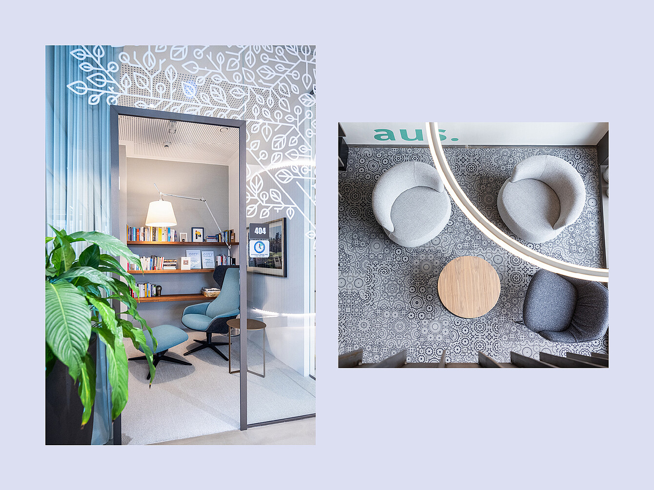 Kantoor met glazen wanden, blauwe stoelen, houten planken en een grote plant naast de deur; bovenaanzicht van een zithoek met twee ronde stoelen, een kleine ronde houten tafel en een grijze poef op een vloer met patroon
