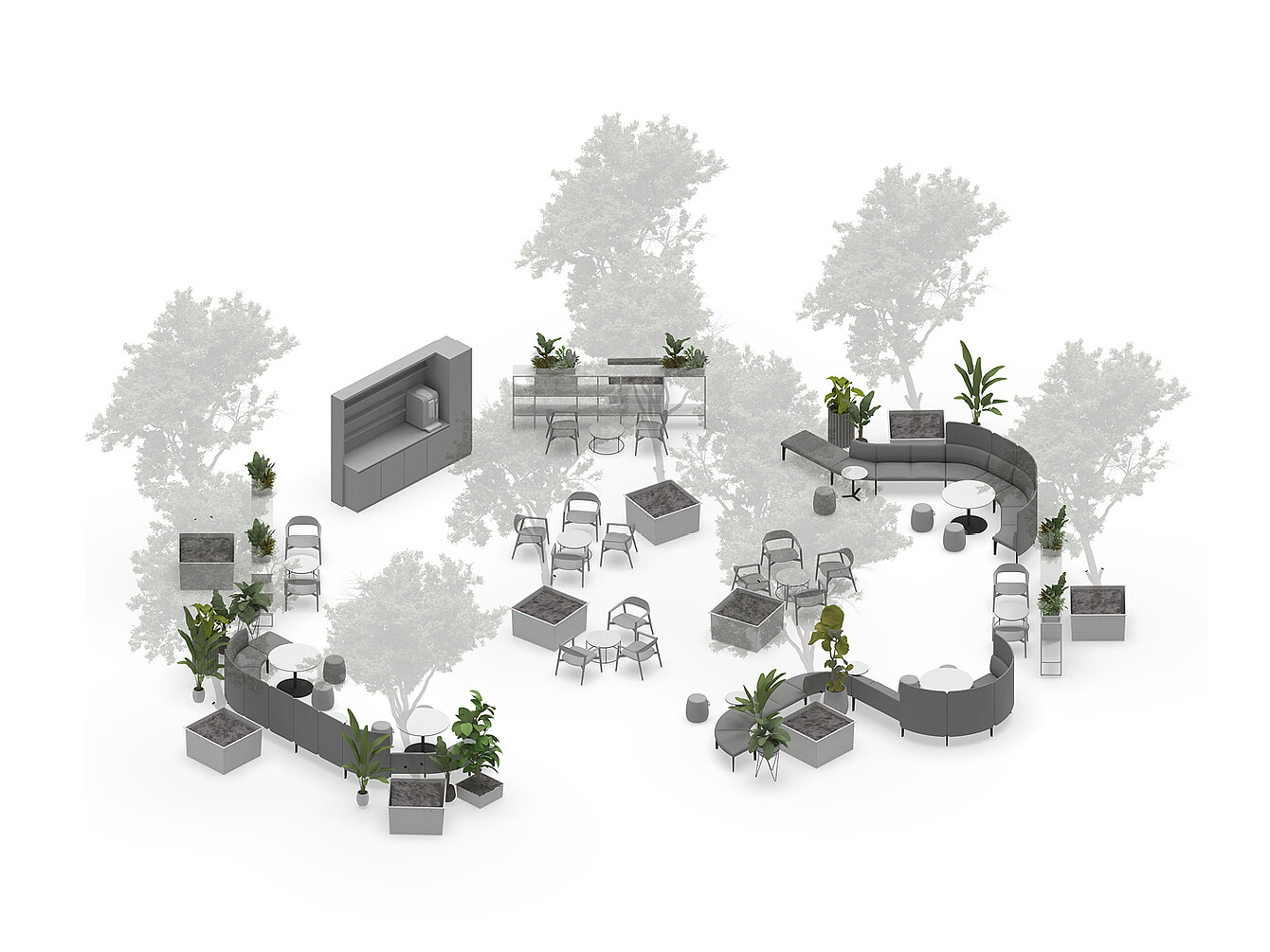 Immagine: layout del Garden Work Café con sedute curve, tavoli, sedie e piante disposte in modo da creare uno spazio ufficio biofilico circondato dal verde