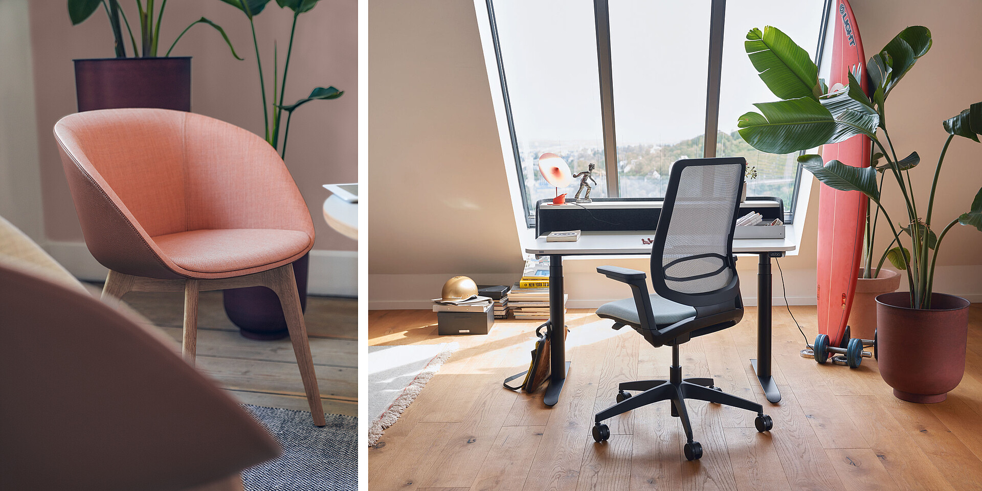 Helles Homeoffice mit ergonomischem Bürostuhl vor Fenster und gemütlichem rosa Sessel neben Pflanze