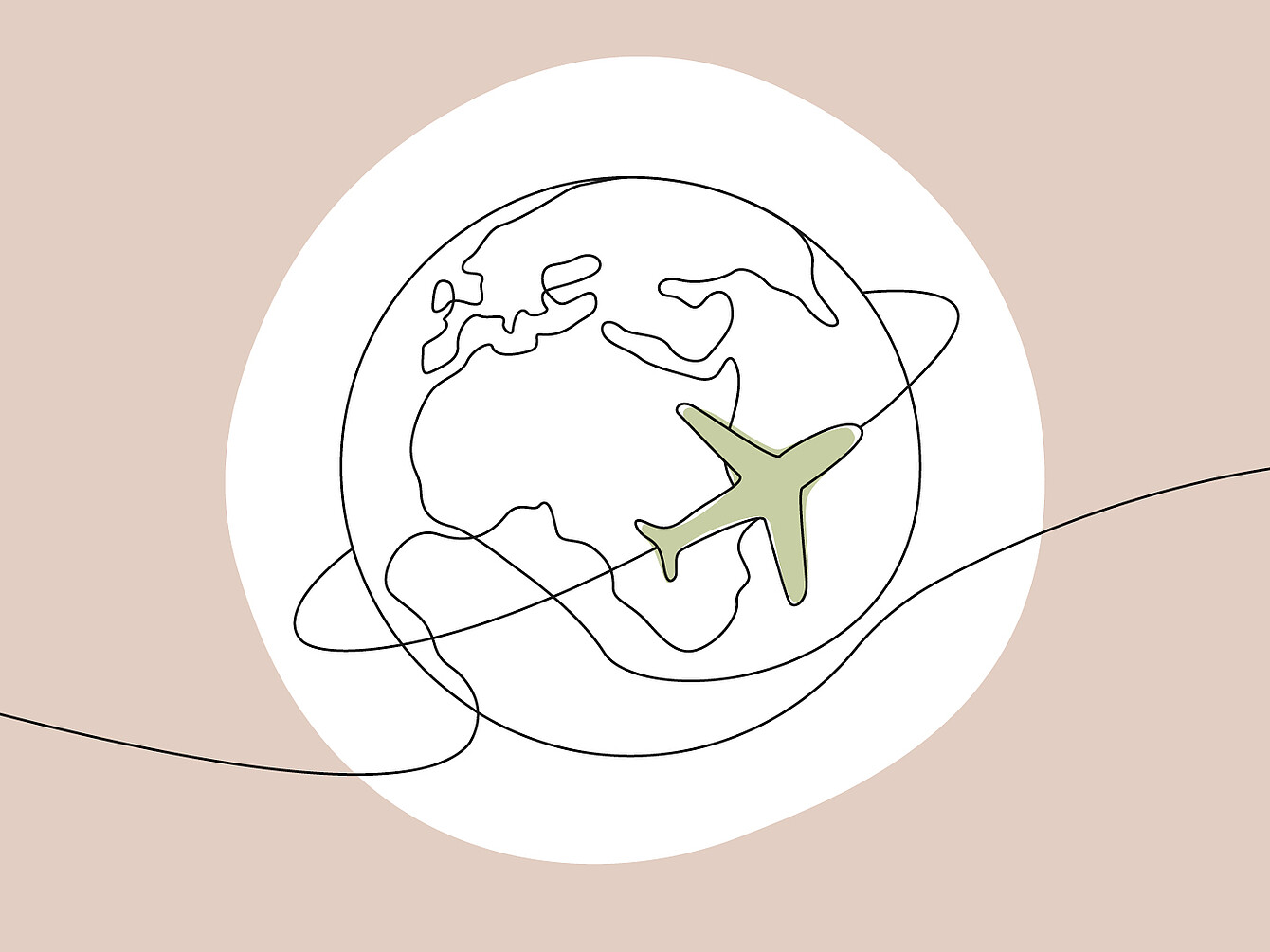Contour de la Terre mettant l’accent sur l’Europe, l’Afrique et le Moyen-Orient, avec un avion vert tournant autour sur un fond beige.