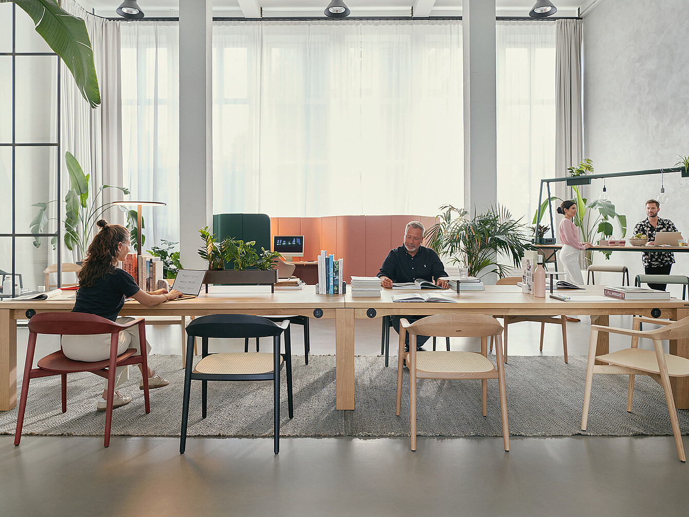 Work Café Bibliothèque moderne avec grande table en bois, personnes travaillant tranquillement, entourées de plantes et baignées par la lumière naturelle provenant de grandes fenêtres.