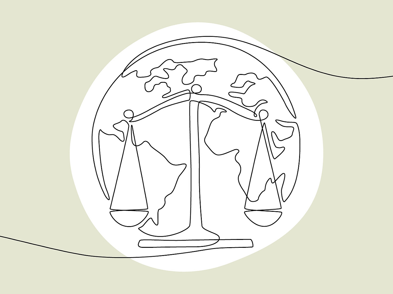 Dessin au trait représentant une balance superposée à un globe terrestre montrant les continents, symbolisant la responsabilité sociale mondiale.