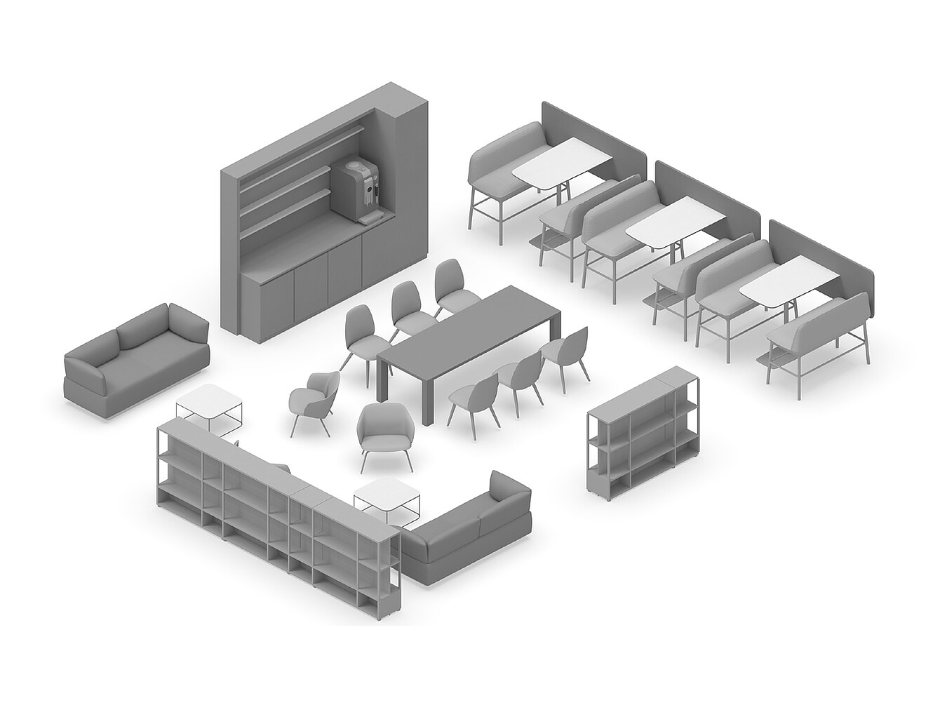 Plano en 3D del Hub Work Café con zonas de asientos con sofás, mesas con sillas, asientos tipo cabina, estanterías y una unidad de pared con cafetera para reuniones de oficina colaborativas.