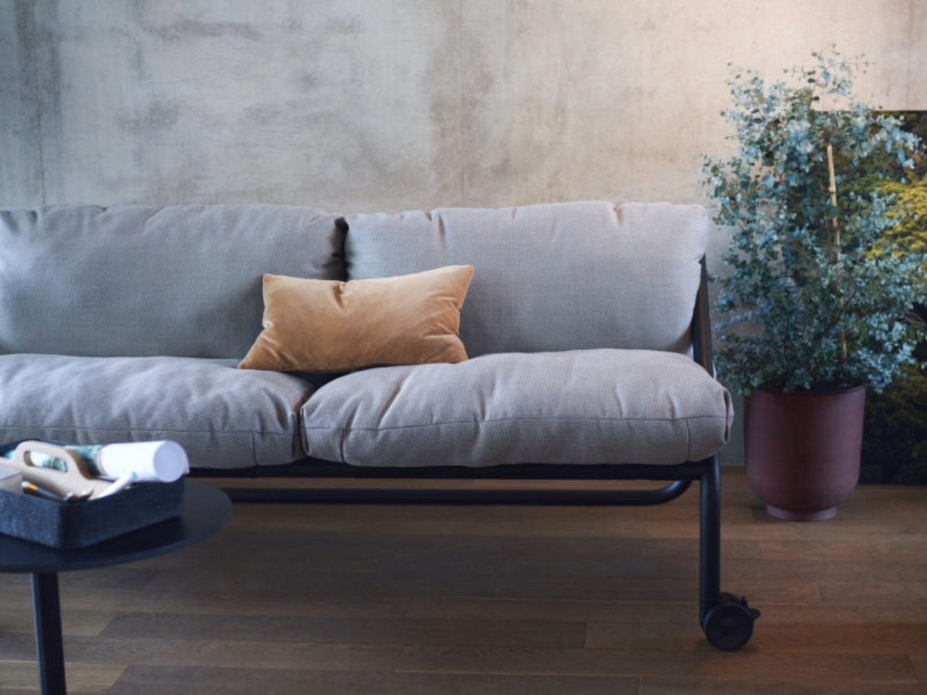 Sofá moderno con estructura metálica y un cojín individual con una almohada pequeña encima, junto a una planta en maceta