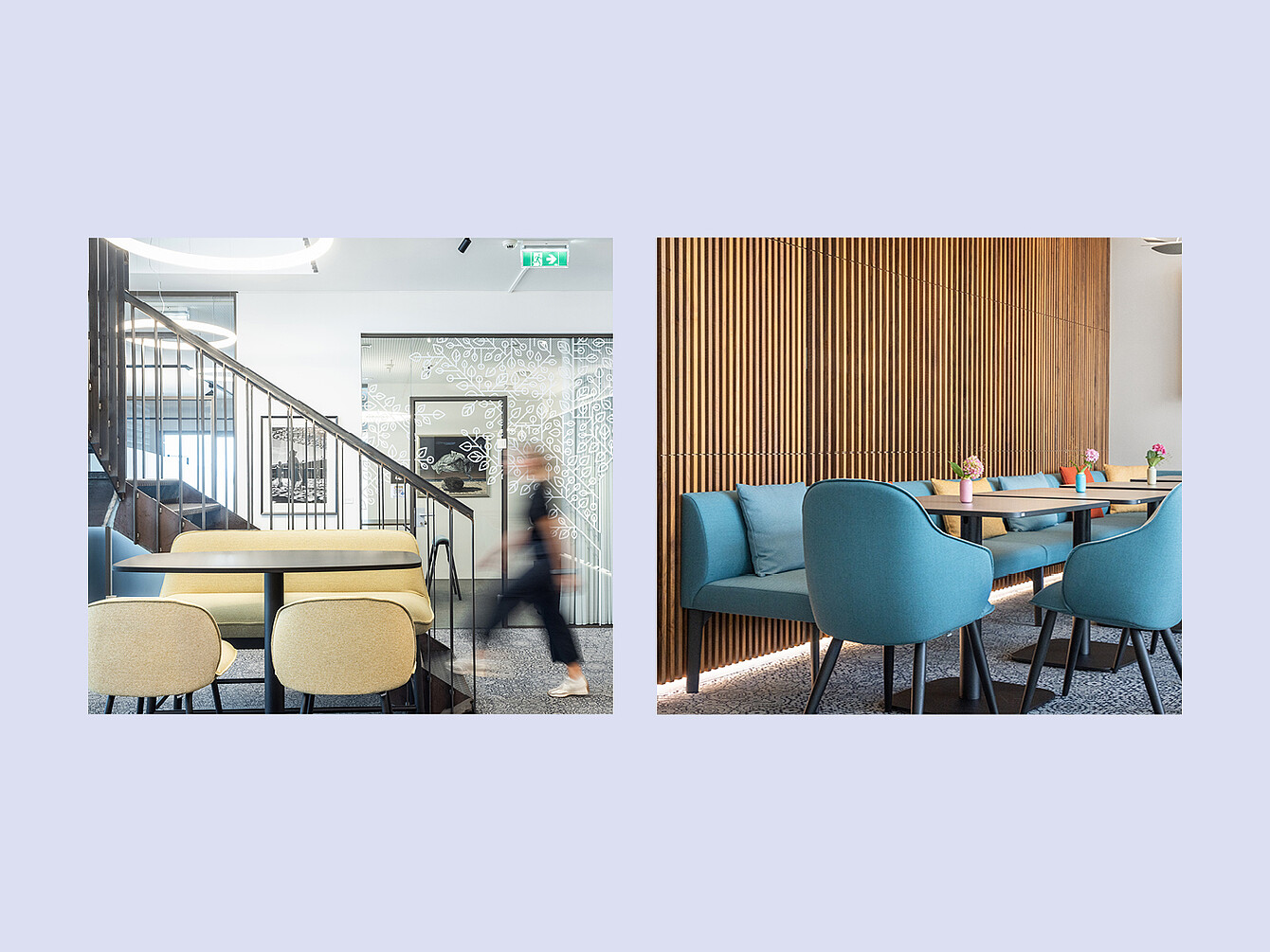 Twee aanzichten van het interieur van een coworkingruimte met links een zithoek met beige stoelen en een trap en rechts een eethoek met blauwe fauteuils en een houten lamellenwand