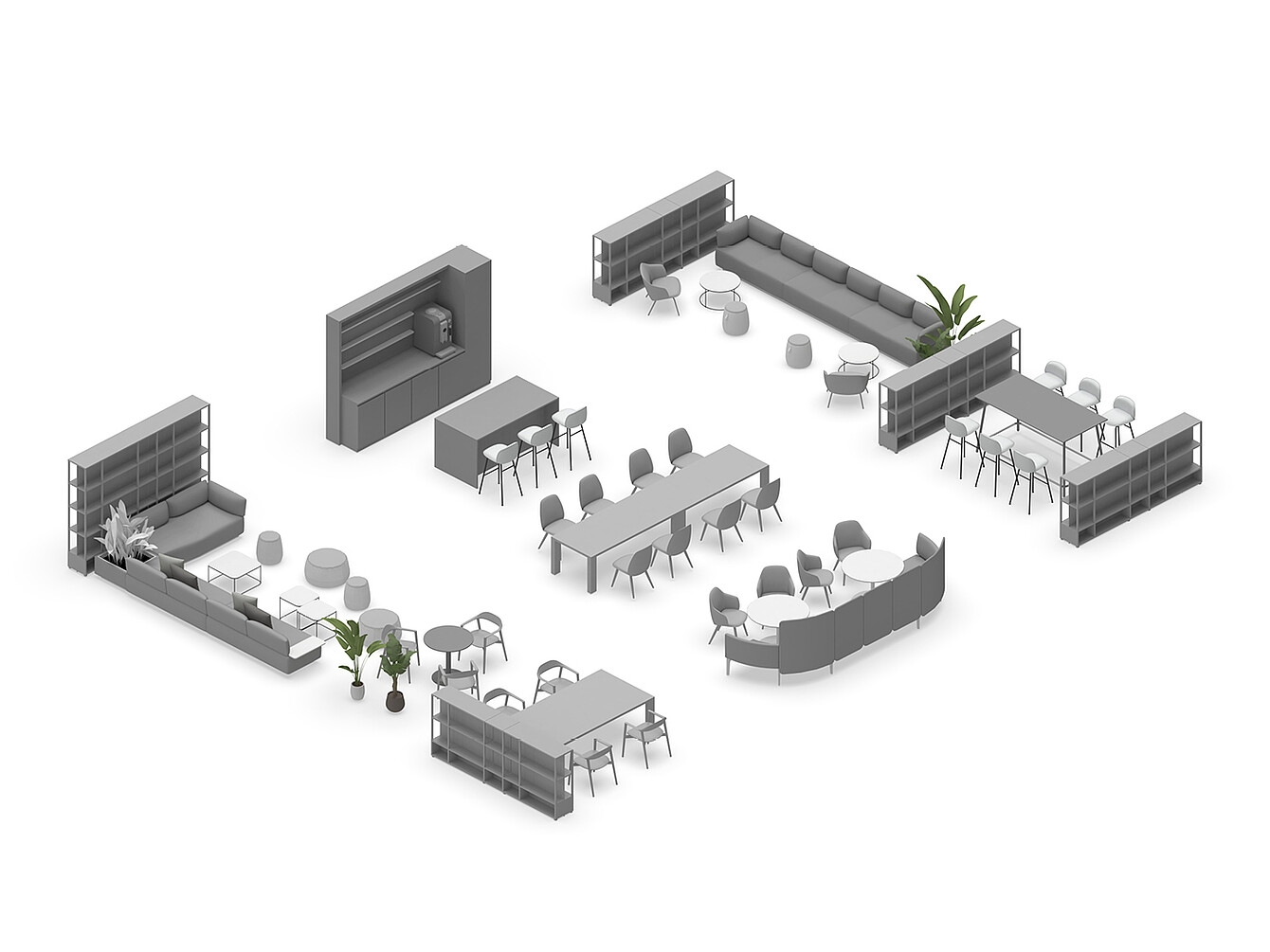 Diseño del Hub Work Café con varias zonas de asiento, incluyendo sofás, mesas con sillas, taburetes y estanterías dispuestas para favorecer la comunicación y la colaboración en un entorno de oficina.