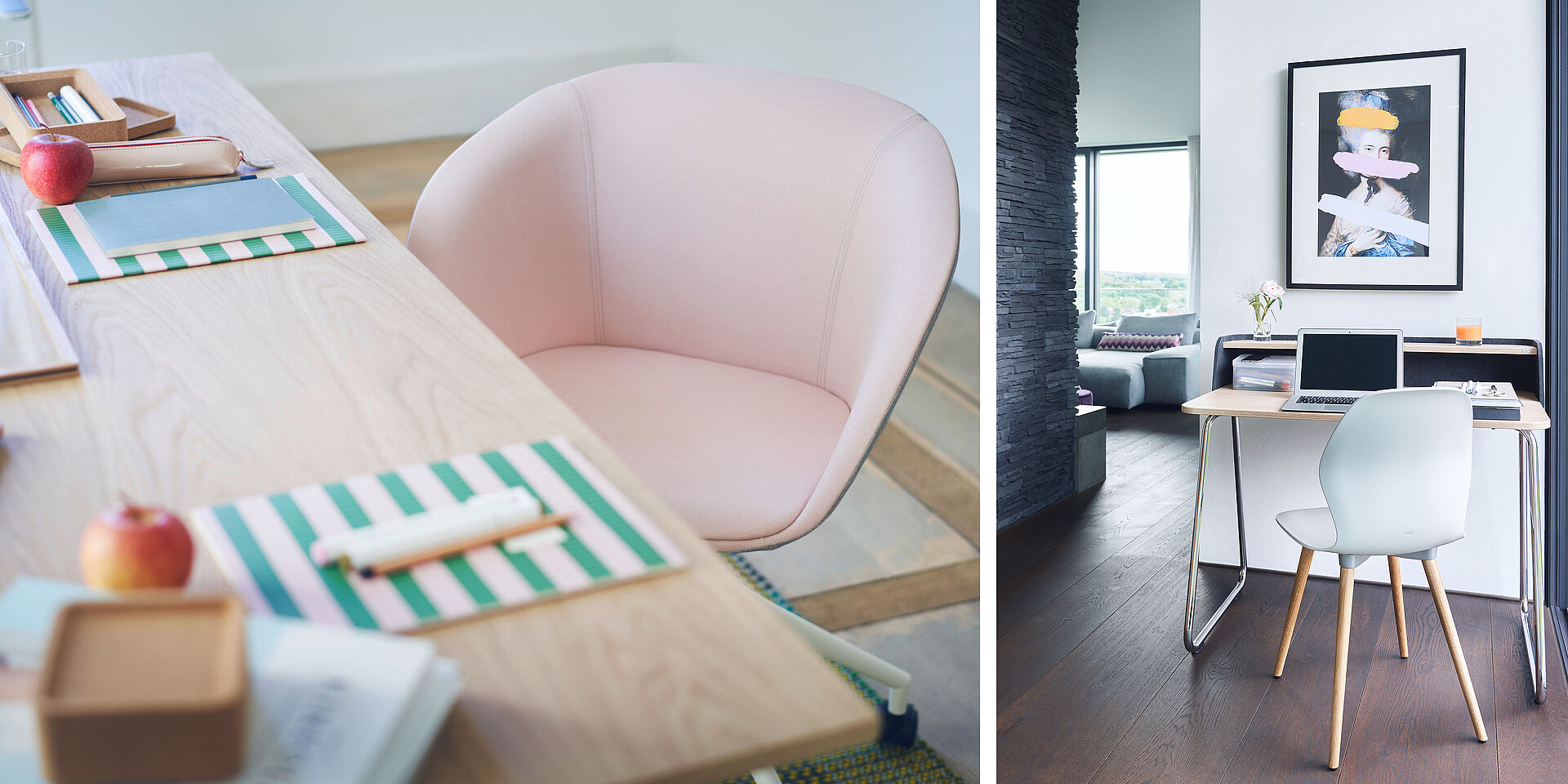 Helles Homeoffice mit hellem Holzschreibtisch, rosa gepolstertem Stuhl und Laptop vor Fenster mit Stadtblick