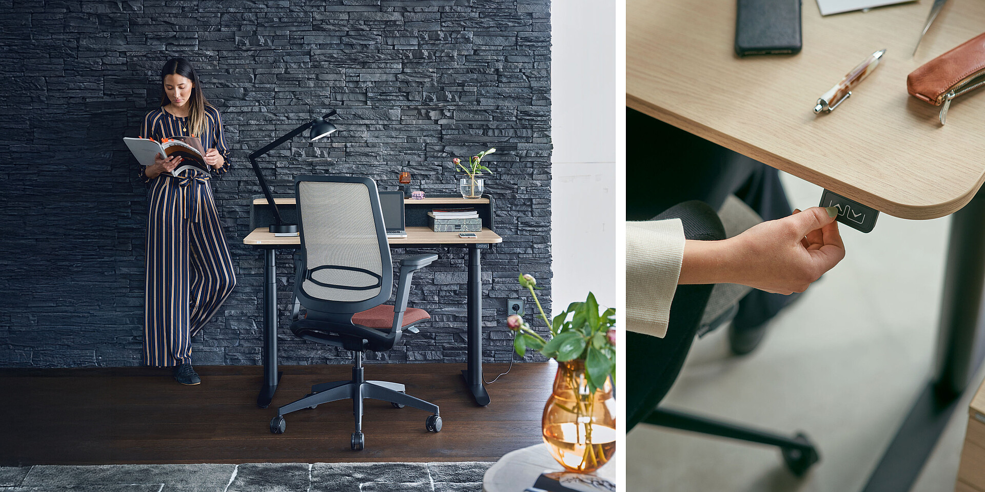 Stehschreibtisch mit ergonomischem Bürostuhl vor dunkler Steinwand, Pflanze auf dem Boden, Person hält Buch