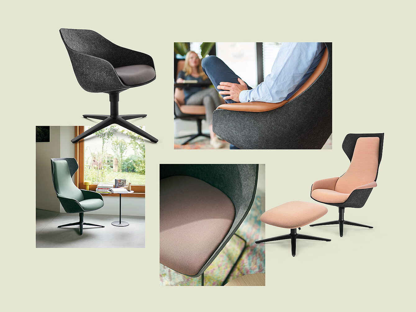 La photo montre les fauteuils se:lounge et se:lounge light en tant que produit et en détail, fabriqués en feutre PET avec différentes couleurs et formes de rembourrage, certains avec des repose-pieds, dans des environnements de vie et en gros plan.
