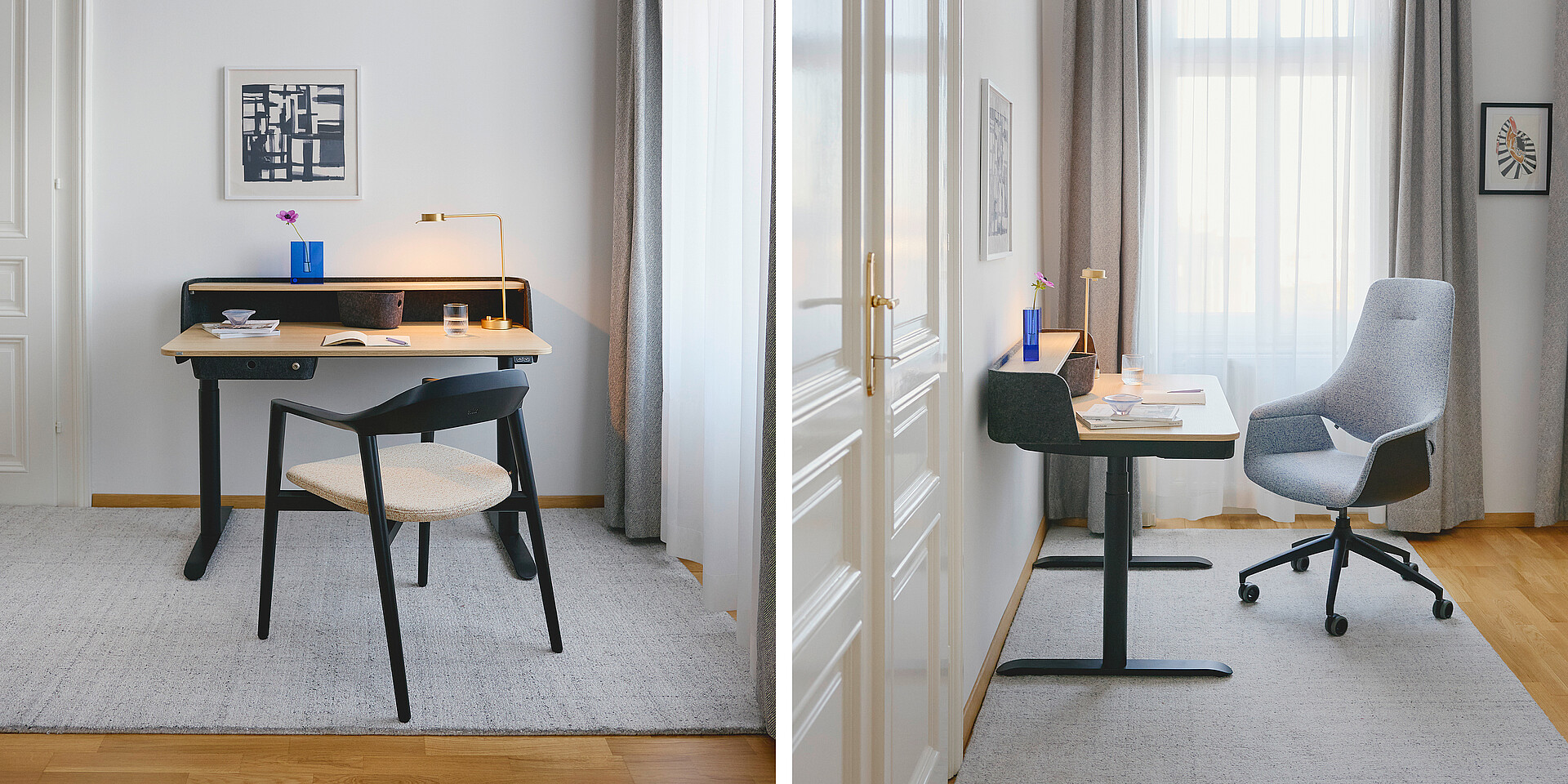 Moderner Homeoffice-Arbeitsplatz mit schwarzem Schreibtisch, grauem Bürostuhl, Lampe und Dekoration vor Fenster mit weißen Vorhängen