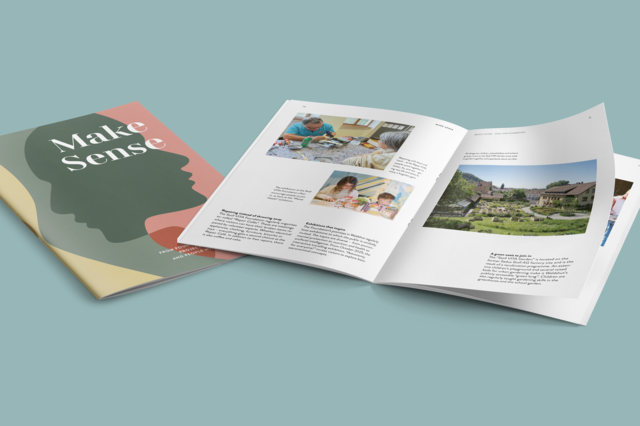 Open booklet titled 'Make Sense' showing photos of people working and a garden with text descriptions