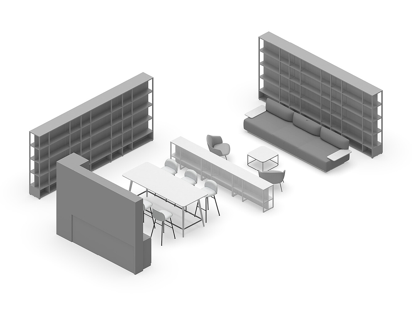Plano en 3D del Hub Work Café con dos grandes estanterías, una mesa larga con seis sillas, un sofá con cojines, una mesita y una pared divisoria, diseñada como espacio de reunión colaborativo para la oficina.