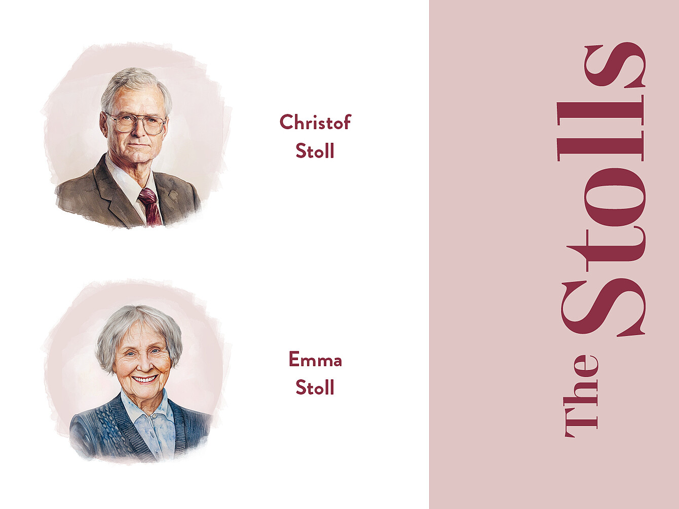 Retratos de Christof Stoll y Emma Stoll, con sus nombres junto a cada figura. En la parte derecha aparece el texto «The Stolls» en una fuente destacada.