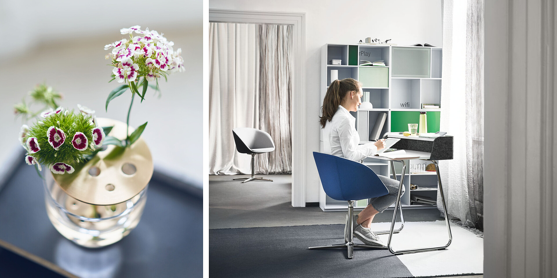 Frau sitzt an einem modernen Schreibtisch mit Laptop und Notizblock in einem hellen Büro mit Regalen und Stuhl im Hintergrund