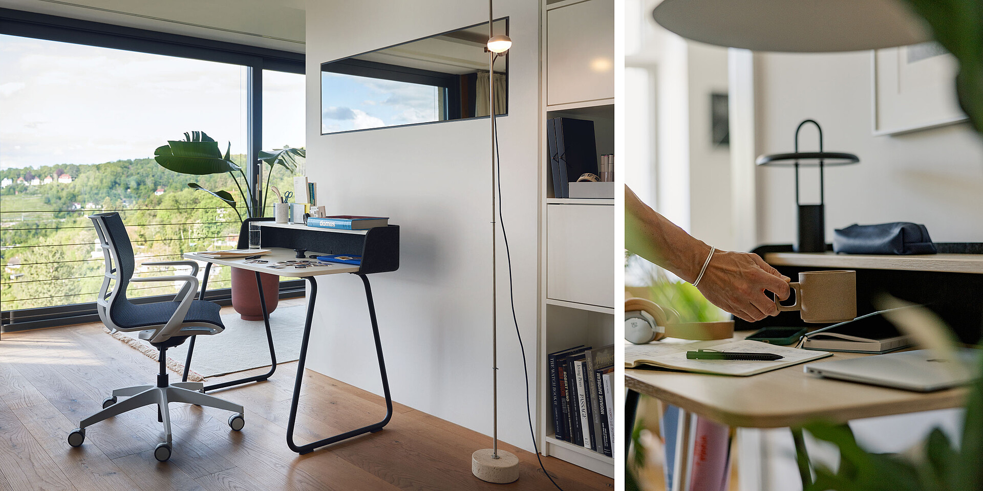 Moderner Arbeitsplatz mit Schreibtisch, grünem Bürostuhl auf Rollen und großem Fenster mit Blick ins Grüne