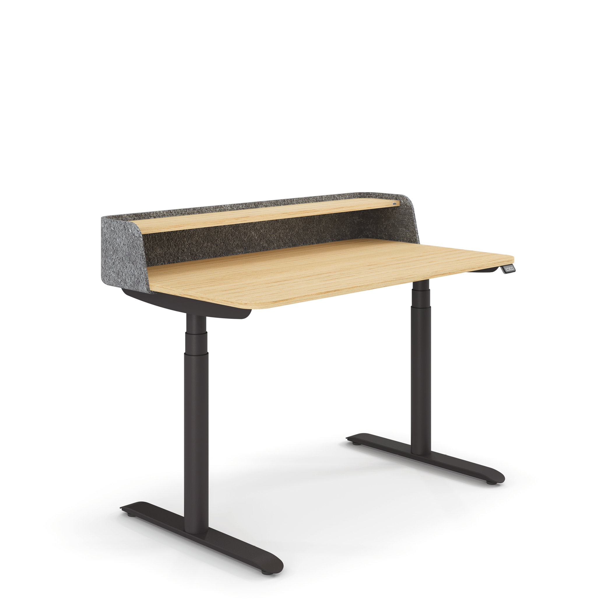 Height-adjustable desk Sedus se:desk home with wooden tabletop and grey back panel, black metal frame.